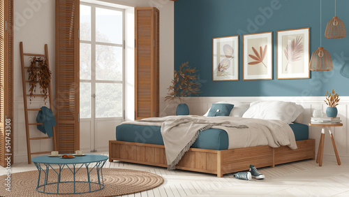 Farmhouse modern country bedroom in white and blue tones. Double bed with blankets. Windows with shutters and parquet floor, carpet and decors. Interior design