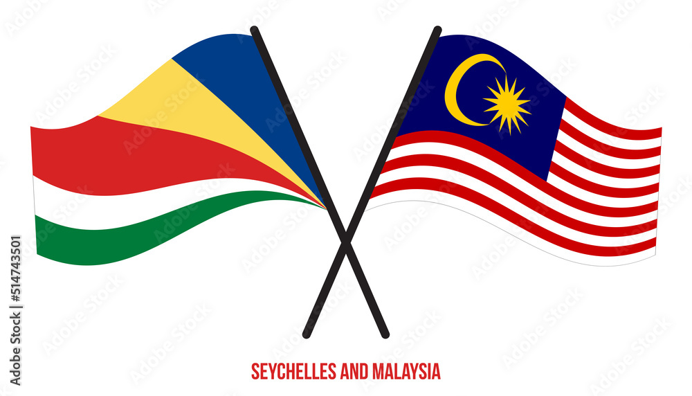 Seychelles and Malaysia Flags Crossed And Waving Flat Style. Official Proportion. Correct Colors.