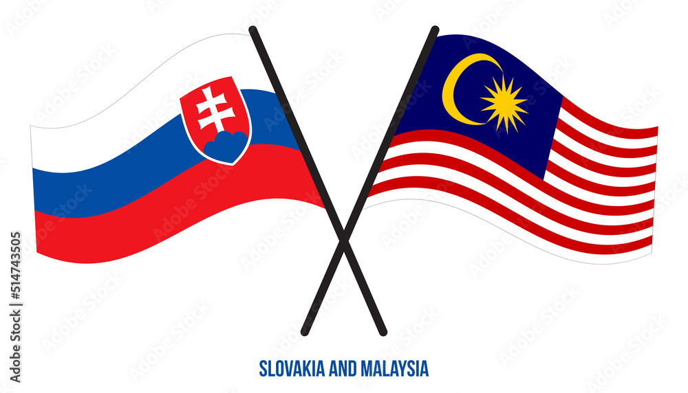 Slovakia and Malaysia Flags Crossed And Waving Flat Style. Official Proportion. Correct Colors.