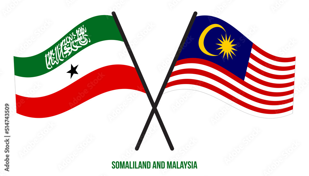Somaliland and Malaysia Flags Crossed And Waving Flat Style. Official Proportion. Correct Colors.