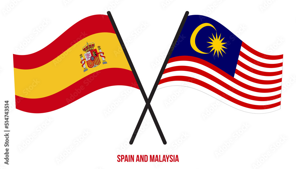 Spain and Malaysia Flags Crossed And Waving Flat Style. Official Proportion. Correct Colors.