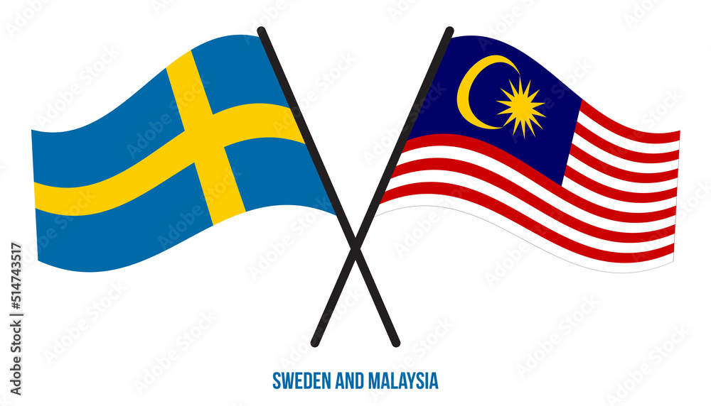 Sweden and Malaysia Flags Crossed And Waving Flat Style. Official Proportion. Correct Colors.