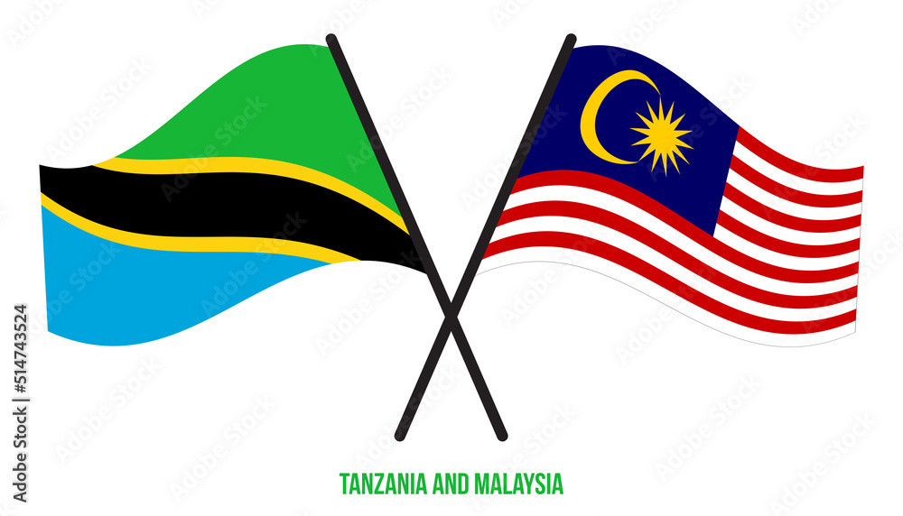 Tanzania and Malaysia Flags Crossed And Waving Flat Style. Official Proportion. Correct Colors.