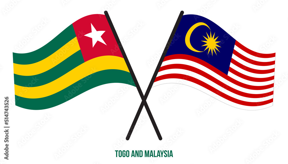 Togo and Malaysia Flags Crossed And Waving Flat Style. Official Proportion. Correct Colors.