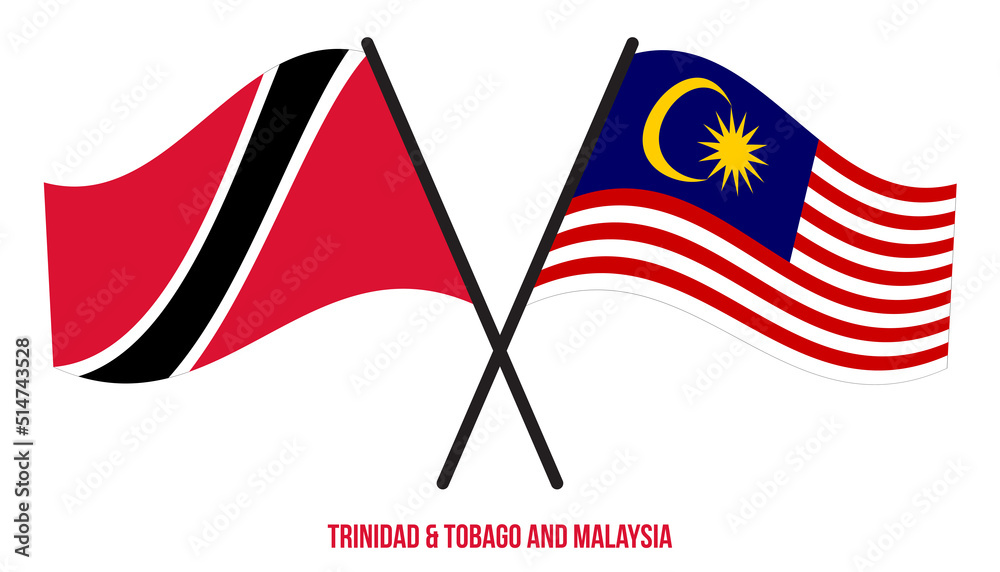 Trinidad & Tobago and Malaysia Flags Crossed And Waving Flat Style. Official Proportion.