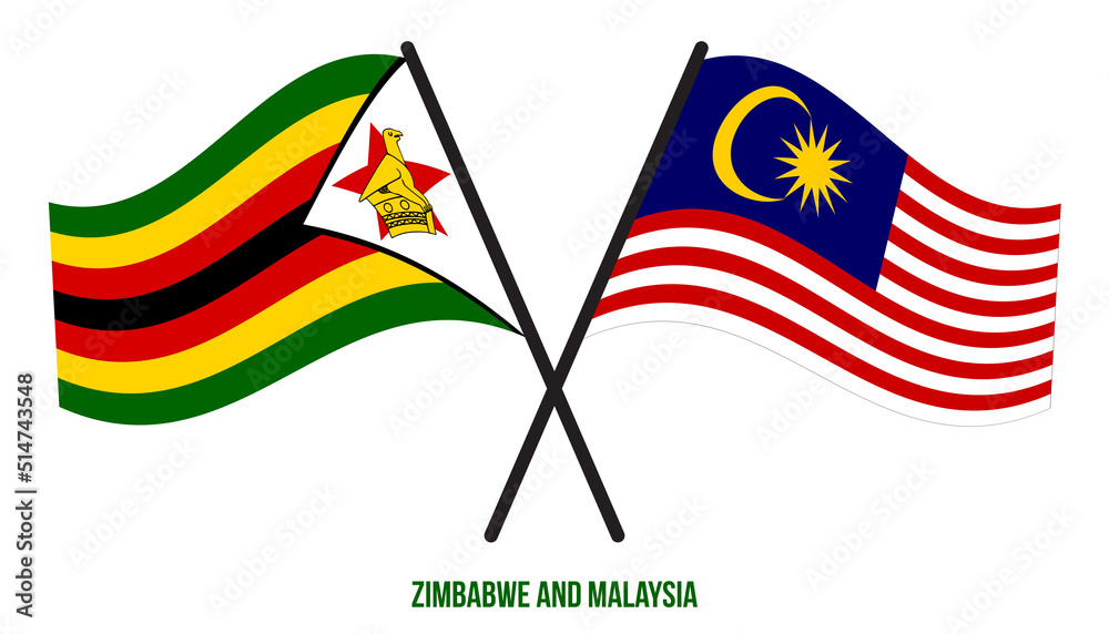 Zimbabwe and Malaysia Flags Crossed And Waving Flat Style. Official Proportion. Correct Colors.