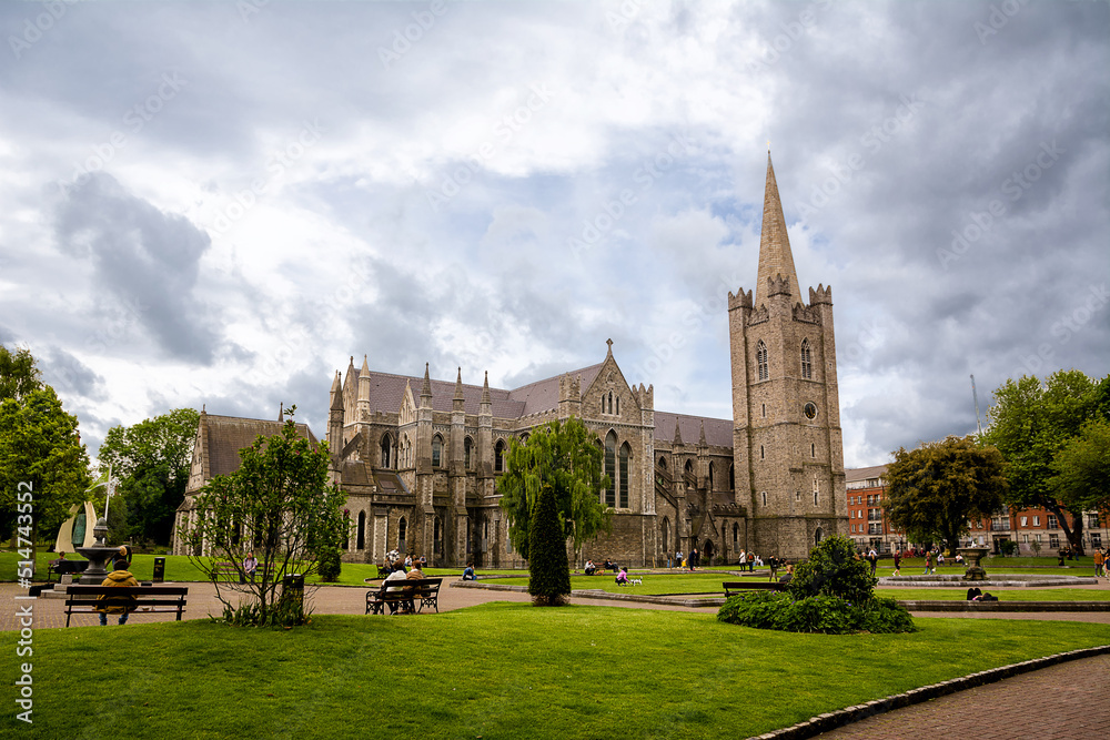 St. Patrick's Cathedral, with the tower and gardens in the centre of Dublin, Ireland.