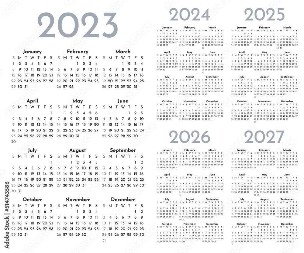 Set of monochrome monthly calendar templates for 2023, 2024, 2025, 2026, 2027 years. Week starts on Sunday. Page layout calendar in a minimalist style. Vertical table grid. Agenda organizer - obrazy, fototapety, plakaty 