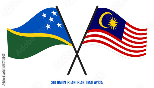 Solomon Islands and Malaysia Flags Crossed And Waving Flat Style. Official Proportion. Correct Color