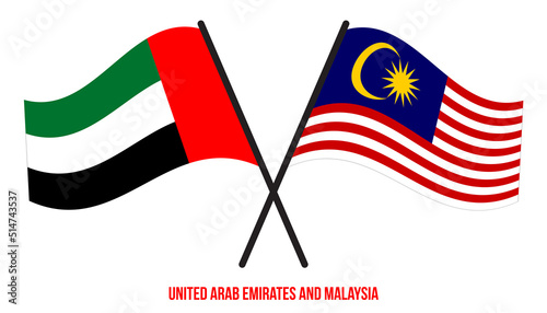 United Arab Emirates and Malaysia Flags Crossed And Waving Flat Style. Official Proportion.