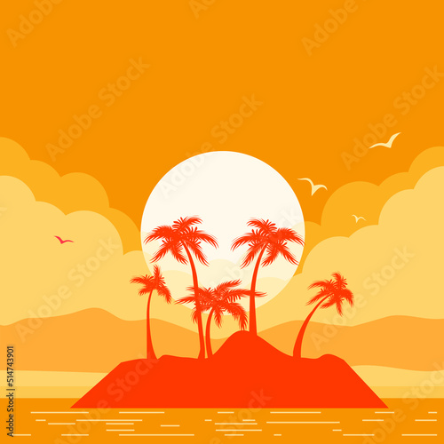 Tropical island vector poster with sun and clouds  palms silhouette on poster horizone seascape background for design