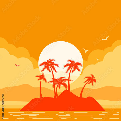 Tropical island vector poster with sun and clouds, palms silhouette on poster horizone seascape background for design