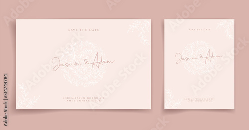 Natural wedding card or invitation card on pink background elegant and luxury style. Feel fresh with leaf and natural theme.