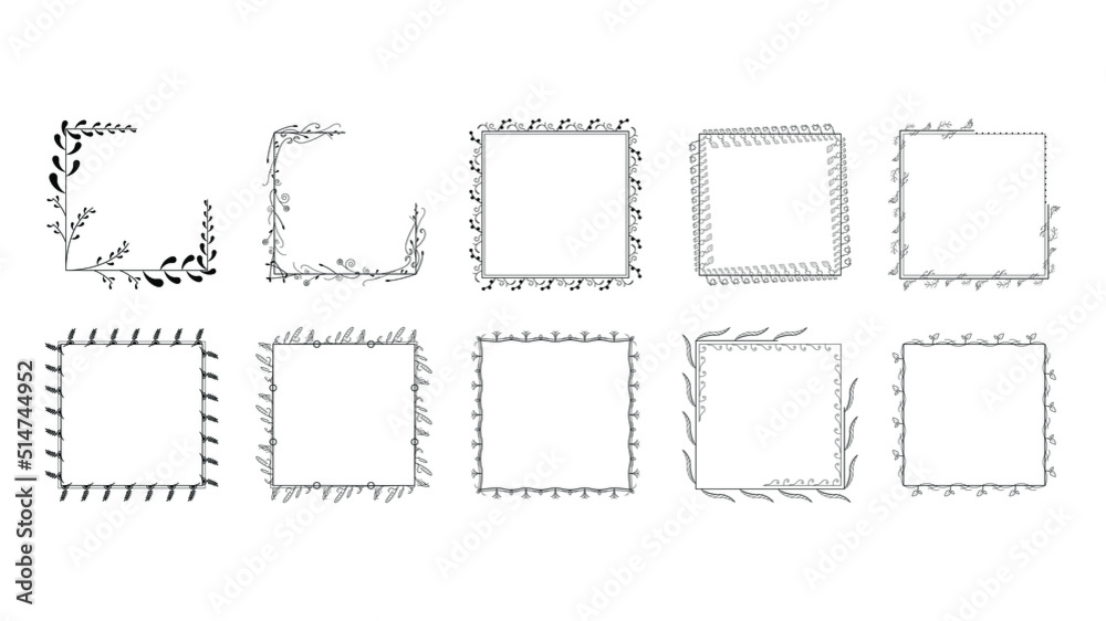 Set Black Simple Line Frame Collection Doodle Square Floral Frame Elements Vector Design Style Sketch Isolated Illustration For Banner Set Black Simple Line Frame Collection Doodle Square Floral Frame Elements Vector Design Style Sketch Isolated Illustration For Banner