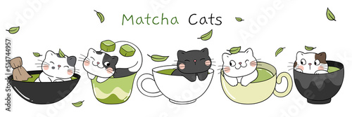 Draw banner matcha cats in cup Green tea concept