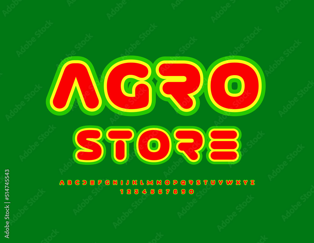 Vector modern logo Agro Store. Futuristic bright Font. Techno style Alphabet Letters and Numbers set Vector modern logo Agro Store. Futuristic bright Font. Techno style Alphabet Letters and Numbers set