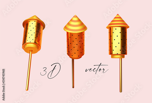 Firework rocket set. 3D rockets in different views