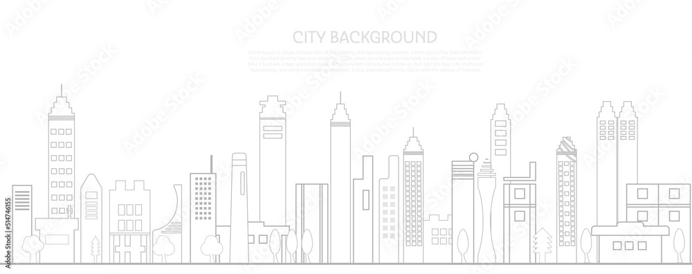 Cityscape line or urban panorama back and white background. Outline city vector illustration concept.
