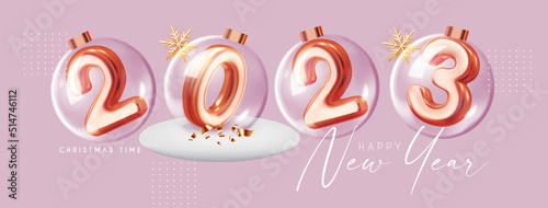 Happy New 2023 Year! Golden text with glass balls and snowflakes