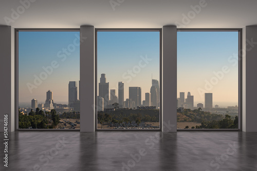 Downtown Los Angeles City Skyline Buildings from High Rise Window. Beautiful Expensive Real Estate overlooking. Epmty room Interior Skyscrapers View Cityscape. Sunset. 3d rendering.