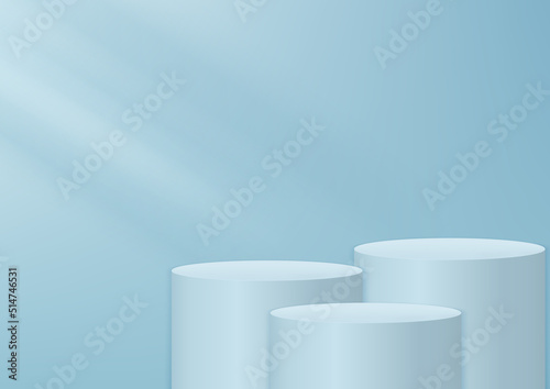 Display product empty white, soft blue, round pedestal on soft green background. Stage for product. © chaninan