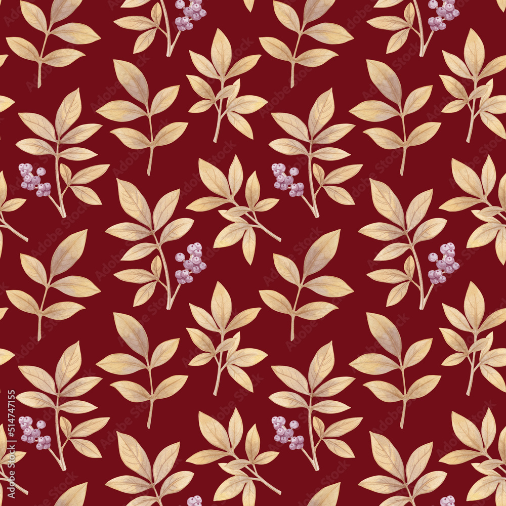 Seamless abstract pattern of leaves and berries painted in watercolor. Botanical pattern on a bright abstract background.