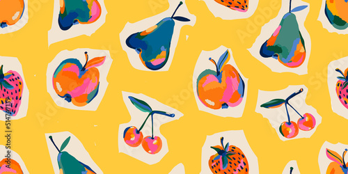 Fototapeta Naklejka Na Ścianę i Meble -  Hand drawn abstract artistic cute fruits pattern. Collage playful contemporary print. Fashionable template for design.