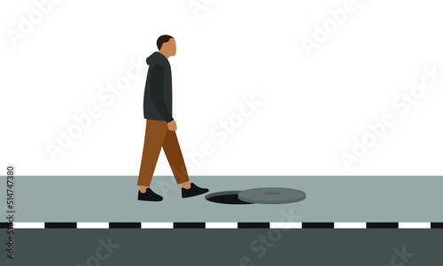 Male character stepping on an open hatch on pavement