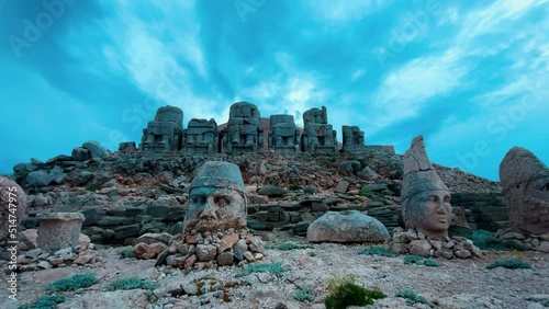 Stone big heads and throne on the Nemrud Mountain in Turkey. 4K Timelapse photo