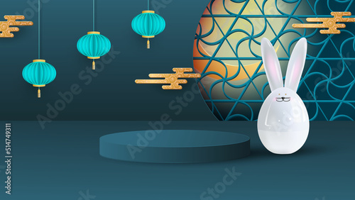 Platform and podium for presentations. Festive background for the Mid-Autumn Festival with a ceramic hare, hanging lanterns and a bright moon. Vector