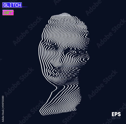 Glitch Art. Vector corrupted graphics illustration from 3D rendering of female classical head sculpture in oscillator white line halftone style on black background.