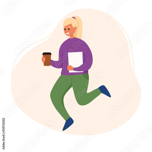 Young confident business woman drinking coffee and walking in hurry. Worker rushes to work. Student running to university. Young girl vector illustration.