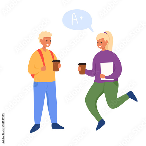 Young people with hot drinks talking during coffee break. Smiling man and woman chatting. Colored flat vector illustration isolated on white background. Vector flat illustration.
