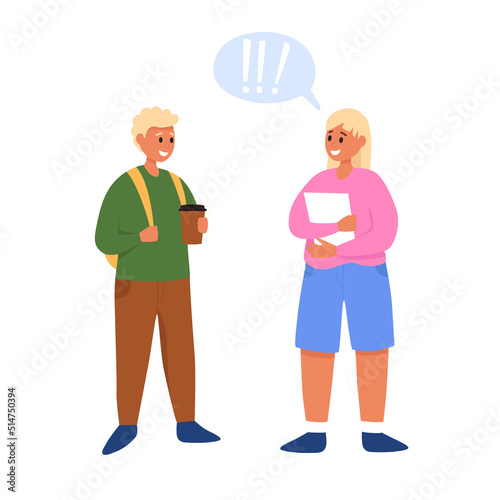 Two young students having a conversation. Small talk in coffee shop. Coffee time with friend.  Small talk. Greeting. Concept of conversation, chatting, dialogues between characters. Flat vector