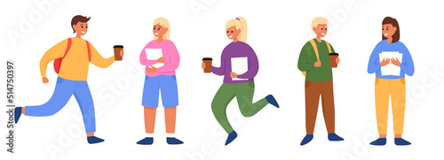 Group of students flat vector illustration. Young girls and boys holding books and coffee isolated characters on white background. Happy teenager in casual clothes. Youth lifestyle.