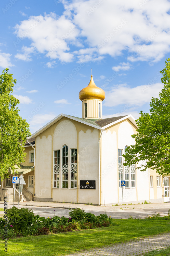 Iisalmi, Finland Jun 7, 2022: Hotel Golden dome in old orthodox church in Iisalmi in Iisalmi in Savonia in Finland