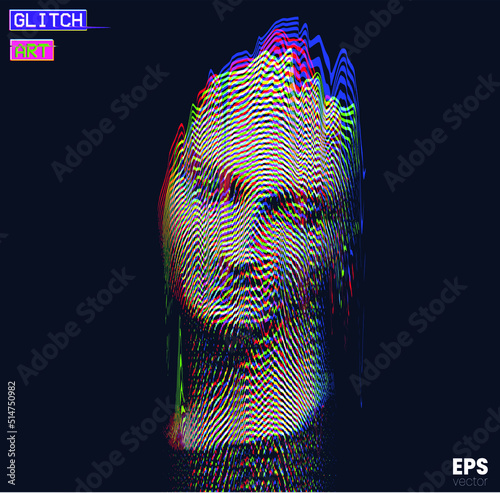 Vector glitch art in RGB offset colored oscillator line halftone illustration from 3D rendering of  female classical head sculpture on black background.