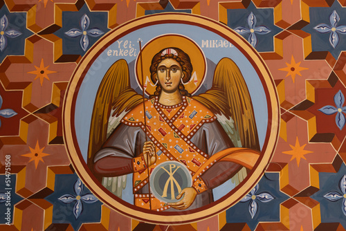 Iisalmi, Finland - June 7, 2022: Paitning of Michael or Jesus in heaven in Hotel Golden dome an old orthodox church in Iisalmi in Savonia in Finland photo
