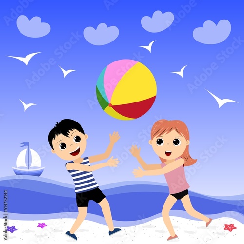 European boy and girl play ball on the beach..