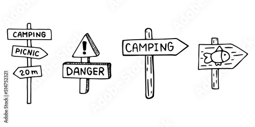 Vector doodle set with sign posts. Hand drawn guideposts. Outline.