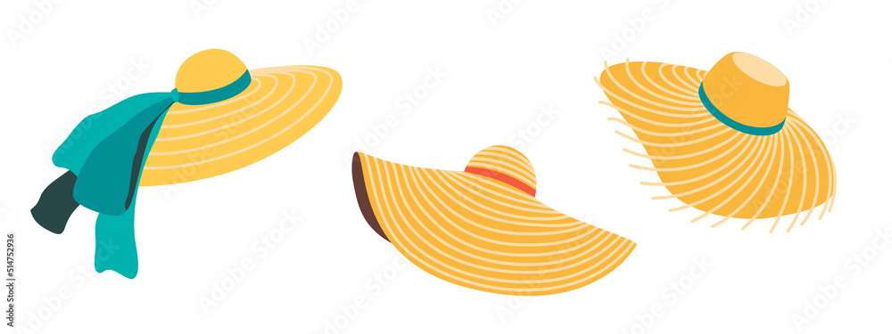 Set of Summer Straw Wide-brim Hats, Beach Attribute, With a Ribbon, Isolated on White Background. Flat Vector Cartoon Illustration, Clipart. Set of Summer Straw Wide-brim Hats, Beach Attribute, With a Ribbon, Isolated on White Background. Flat Vector Cartoon Illustration, Clipart.