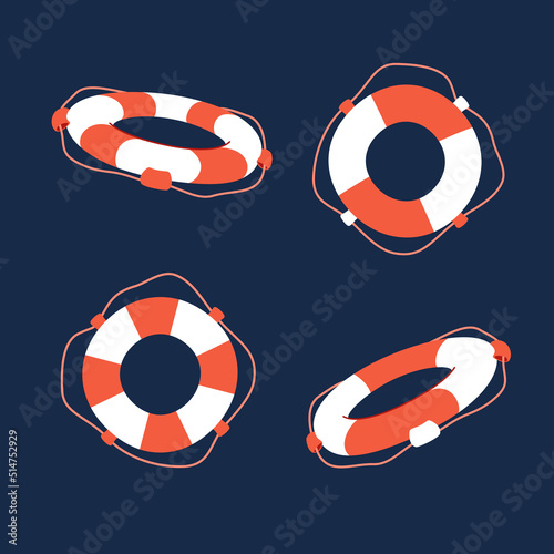 Set of Striped Red and White Lifebuoys With Rope Around, Vector Icon. Flat Cartoon Illustration, Clipart.
