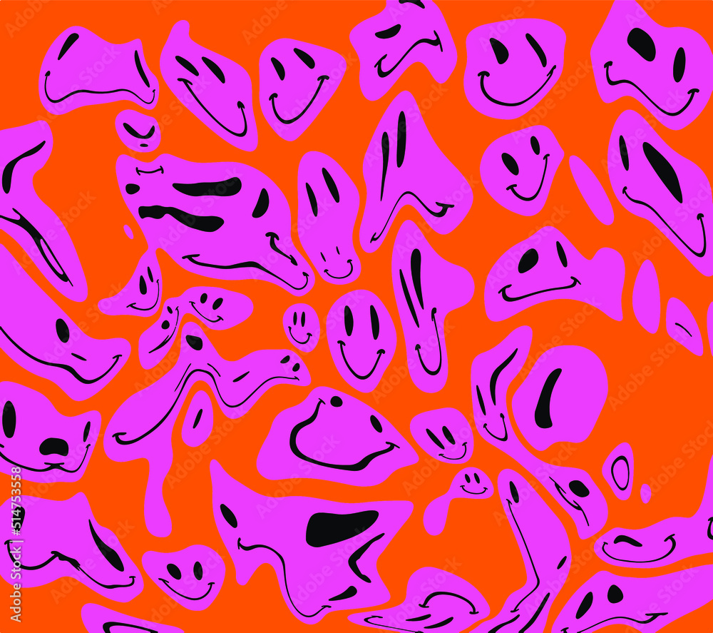 Trippy psychedelic background with melting happy faces. Dripping smiling distorted cartoon personages.