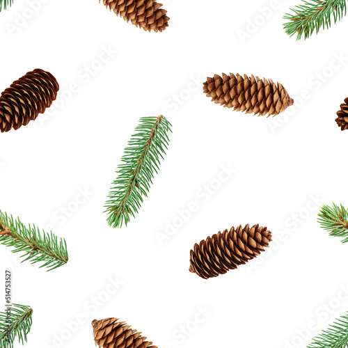 Fir and cone isolated on white background, SEAMLESS, PATTERN