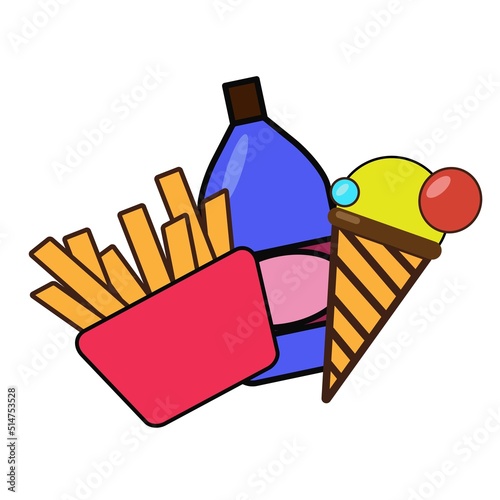 Fast food menu, regular ice cream with french fries and drink