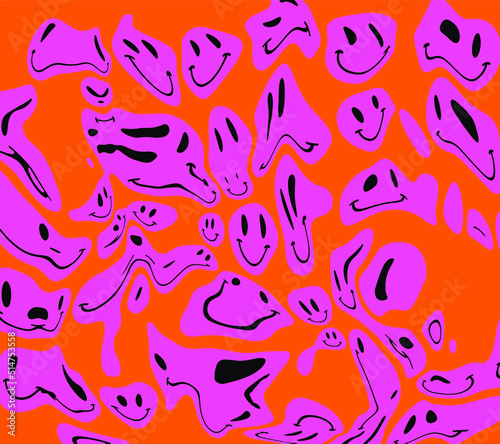 Trippy psychedelic background with melting happy faces. Dripping smiling distorted cartoon personages.
