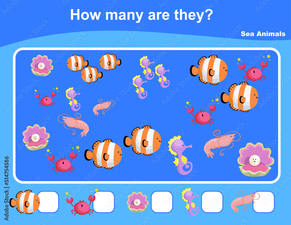 How many are they worksheet. Counting sea animal mathematic worksheet. Educational printable math game. Mathematic color worksheet. Counting similar images. Vector illustration.
