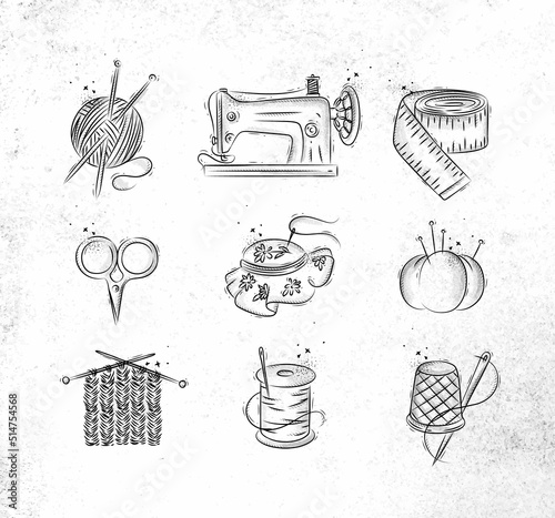 Bakery icon set with illustrated sewing machine, skein of threads, scissors, knitting needles, needle, thread, embroidery hoop in hand drawing style on dirty paper background