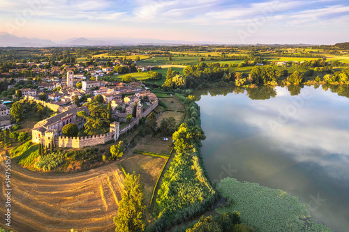 Aerial view of one of the best village of Italy with heart-shaped lake, Castellaro Lagusello, Mantova, Italy