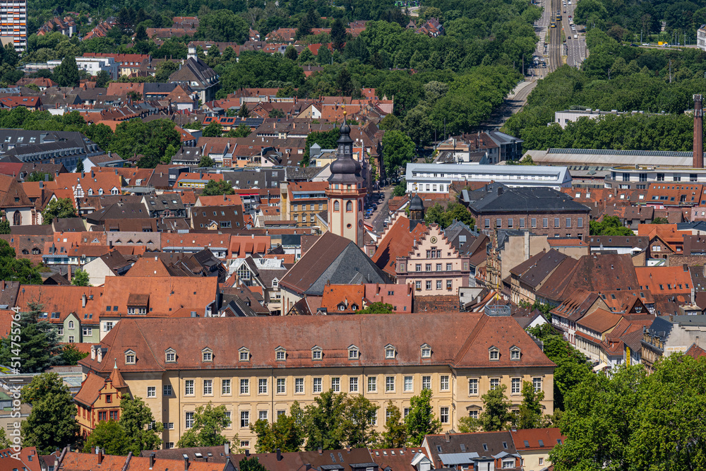 View of Durlach‘s town hall, castle and town church from above. Karlsruhe, Baden-Wuerttemberg, Germany, Europe